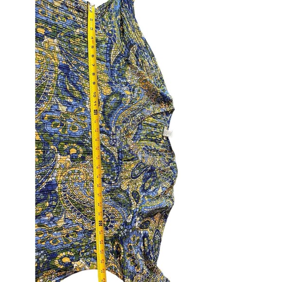 Catherines Blue Yellow Mosaic Look Asymmetrical V-neck 3/4 Sleeve Sheer Top 4x - Picture 11 of 12